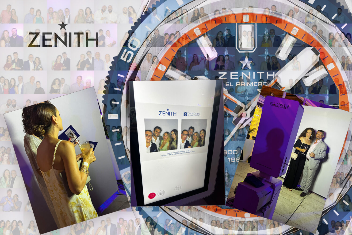 Photo booth setup, guest experience, and completed photo mosaic at Zenith brand activation in Malta